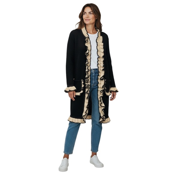 BOUTIQUE MOSCHINO BLACK / CREAM RUFFLED WOOL KNIT LONG CARDIGAN SWEATER - Picture 6 of 6